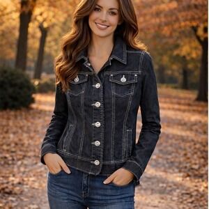 Baccini Womens M Gray Denim Jacket Rhinestone Buttons Contrast Stitch Ruffle